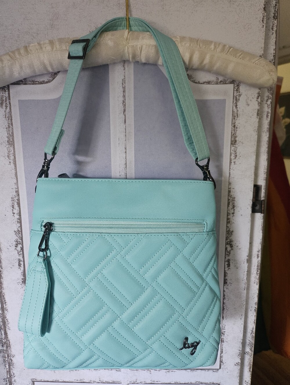 $99 Retail Lug Aquamarine Double Dip Satin Luxe Crossbody & Xtra Strap NWOT
